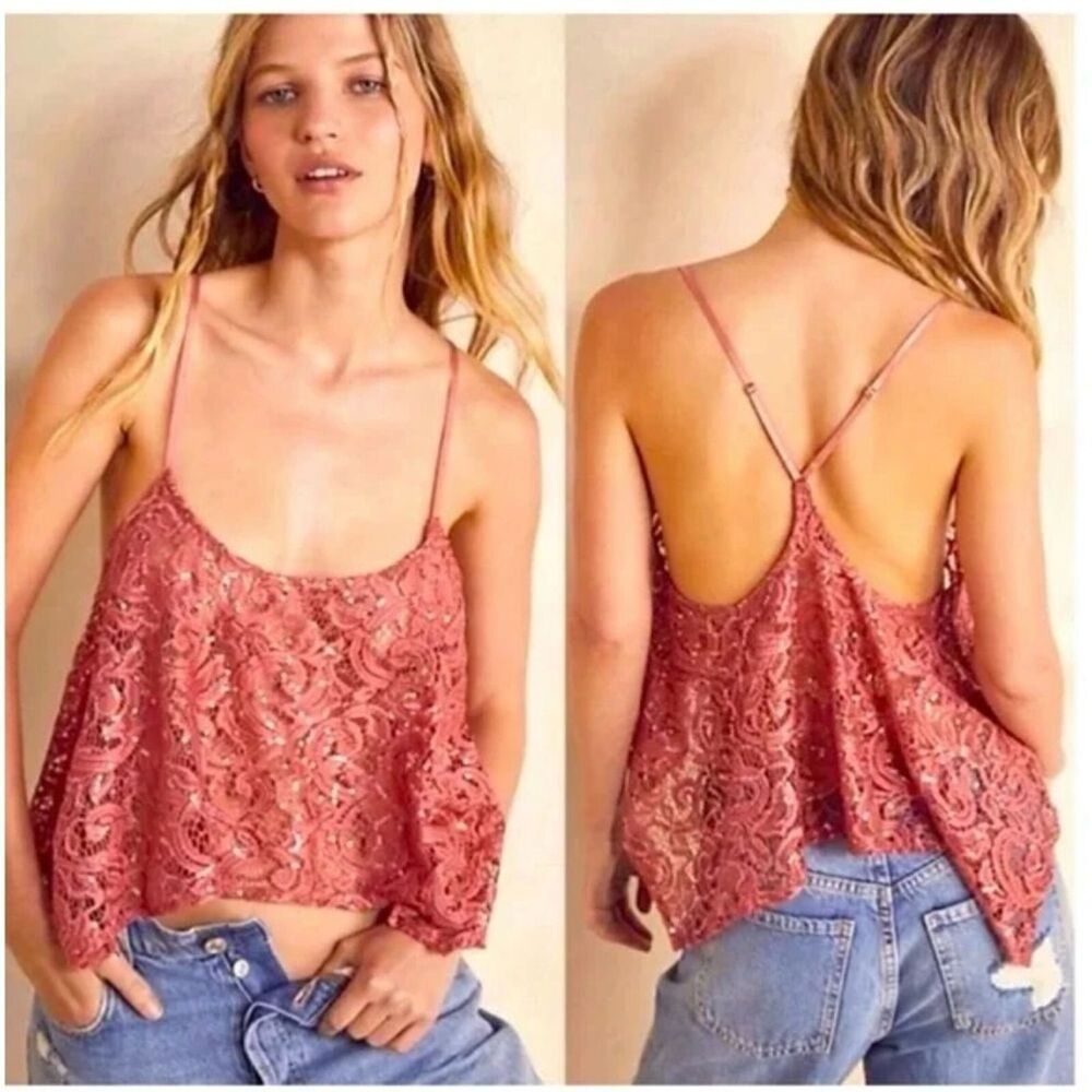 NWOT Free People ‘Best Idea’ Sequin Lace Rose Pink Tank Top